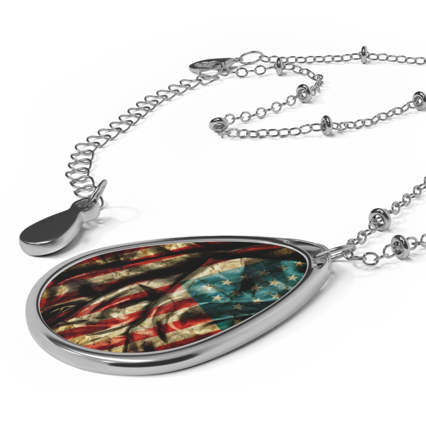 Oval Necklace - Silver USA Flag Pendant